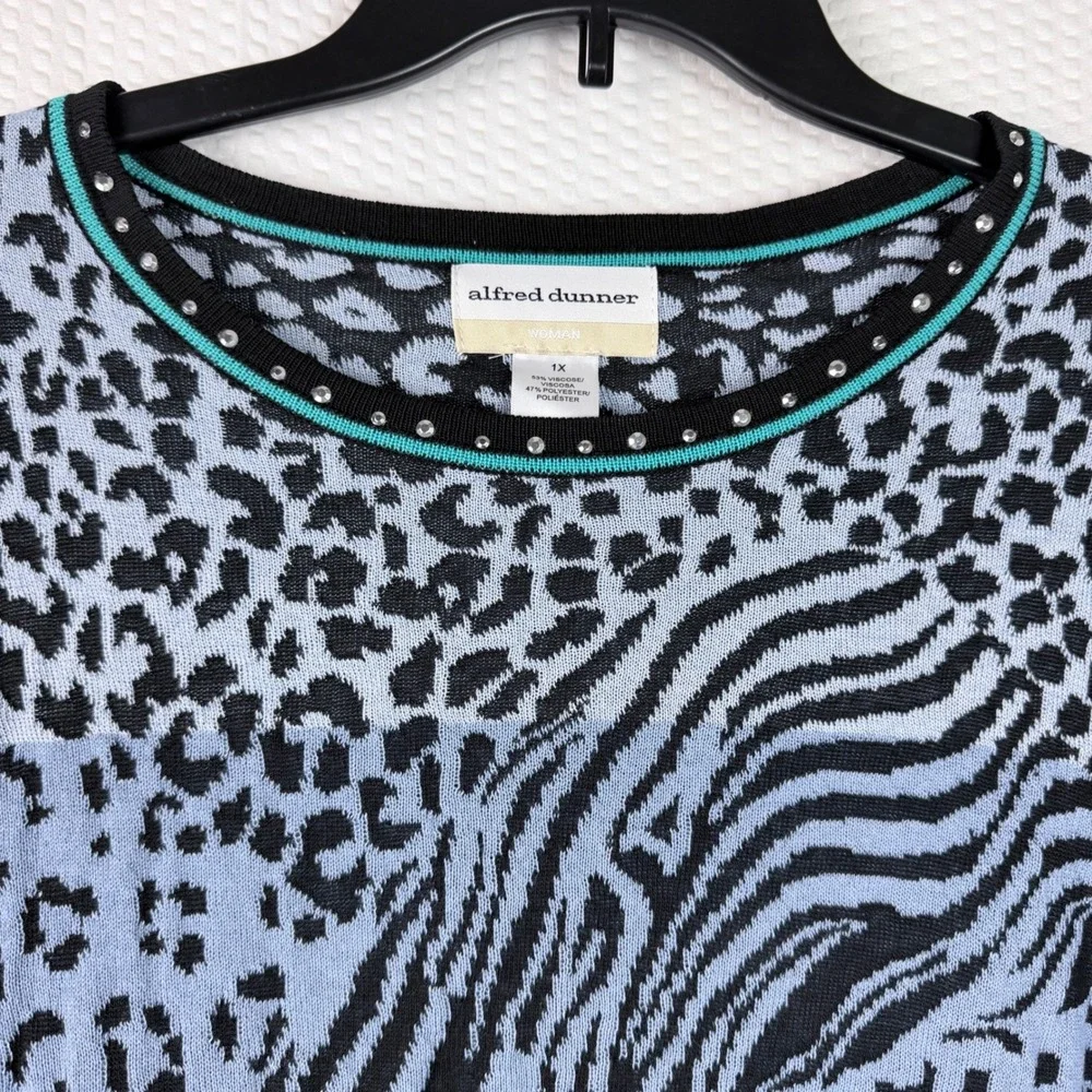 Alfred‎ Dunner Sweater Womens 1XL Blue Animal Print Embellished Stones Plus Size